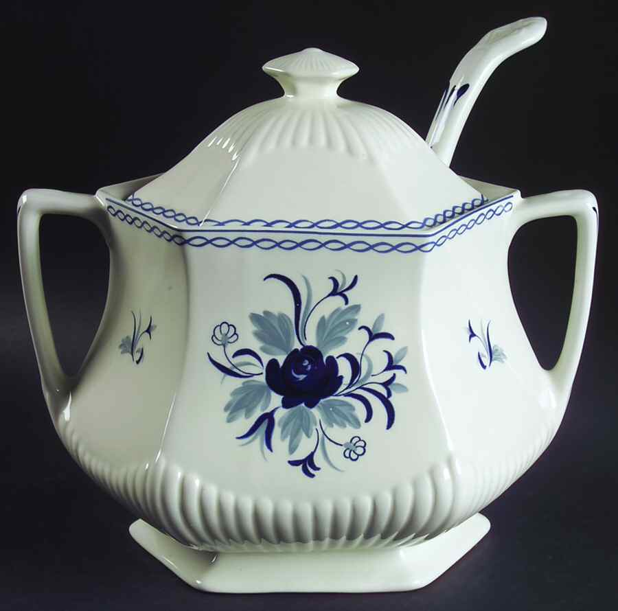 Baltic Blue (Newer, White) Tureen & Lid w/Ladle by Adams China-1