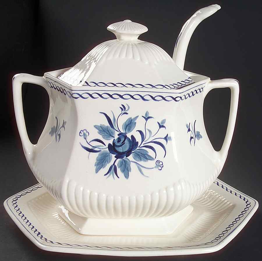 Baltic Blue (Newer, White) Tureen & Lid w/Ladle & Underplate by Adams China-1