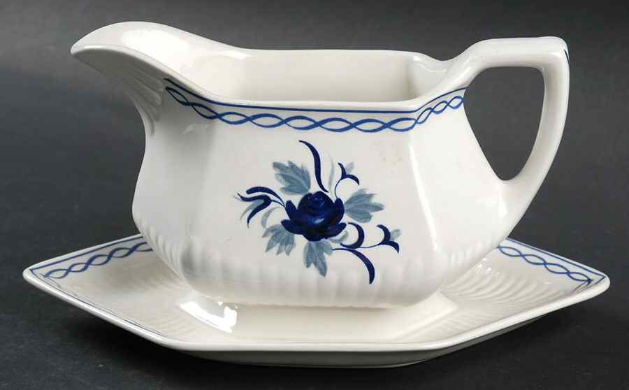 Baltic Blue (Newer, White) Gravy Boat with Attached Underplate by Adams China-1