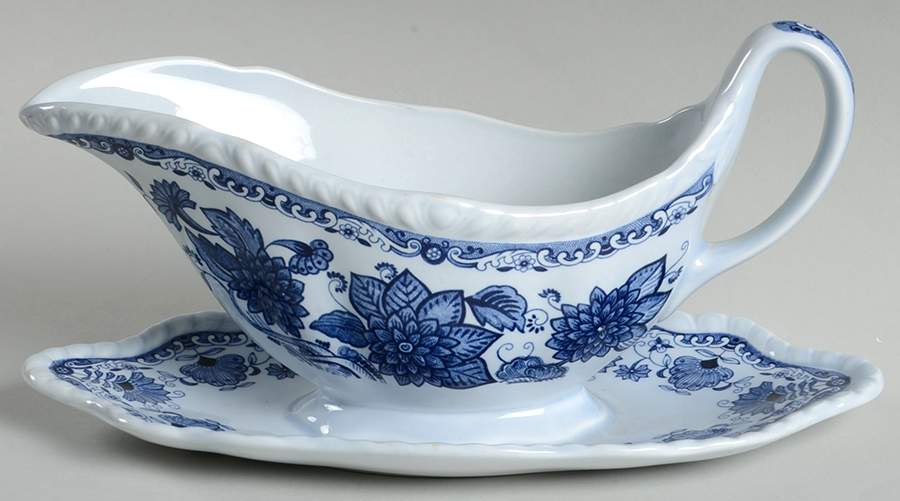 Blue Butterfly Gravy Boat with Attached Underplate by Adams China-1