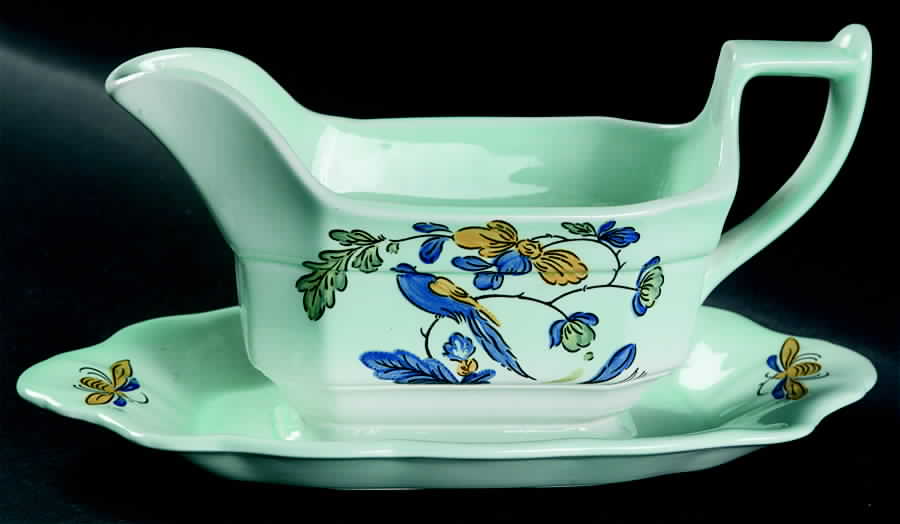 Blue Parrot (Celadon) Gravy Boat with Attached Underplate by Adams China-1