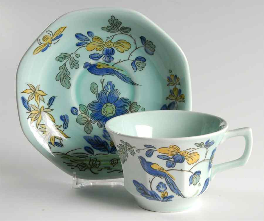 Blue Parrot (Celadon) Flat Cup & Saucer Set by Adams China-1