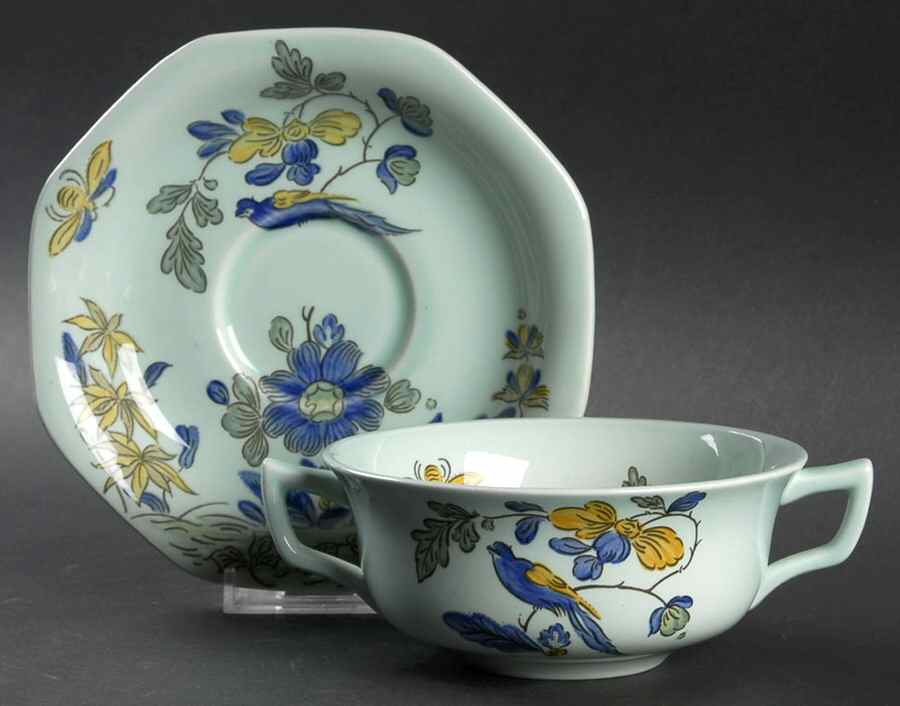 Blue Parrot (Celadon) Flat Cream Soup Bowl & Saucer Set by Adams China-1