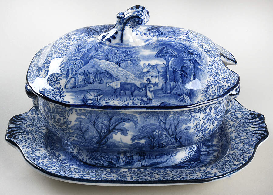 Cattle Scenery Blue (No Trim, Scalloped) Sauce Boat & Lid with Underplate by Adams China-1