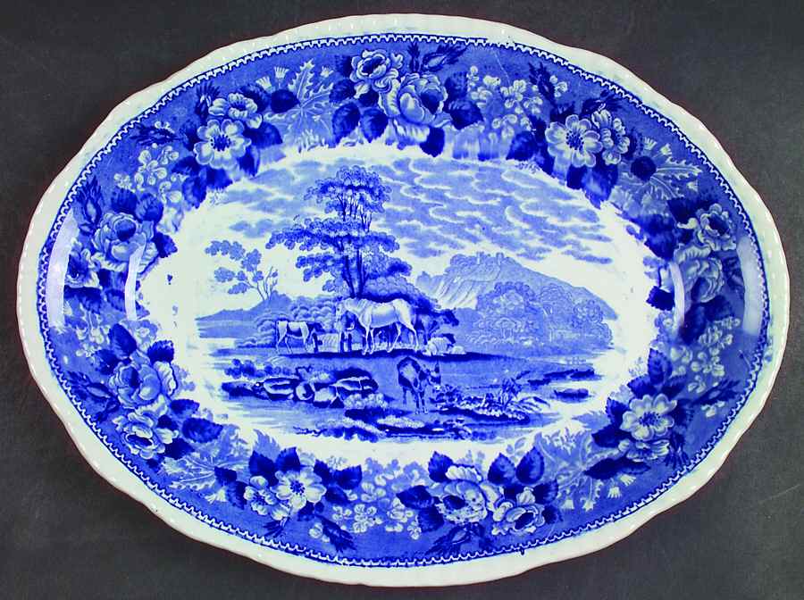 Cattle Scenery Blue (No Trim, Scalloped) 14" Oval Serving Platter by Adams China-1