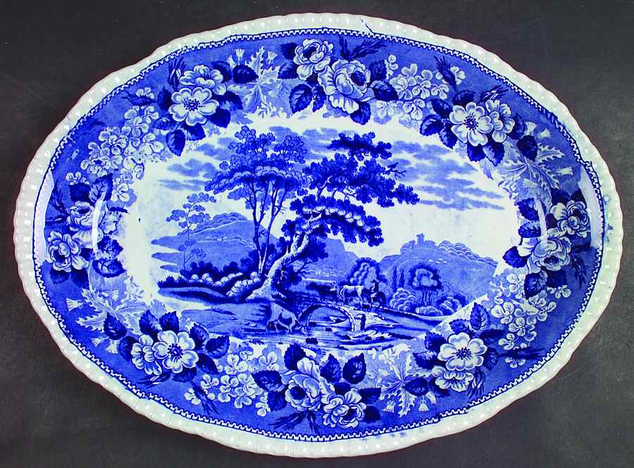 Cattle Scenery Blue (No Trim, Scalloped) 16" Oval Serving Platter by Adams China-1