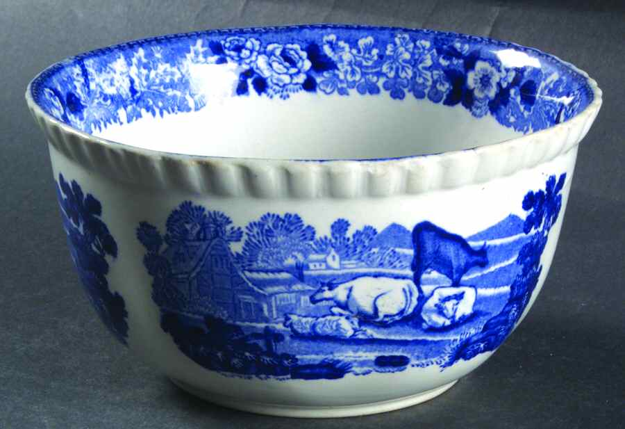 Cattle Scenery Blue (No Trim, Scalloped) Cranberry Bowl by Adams China-1