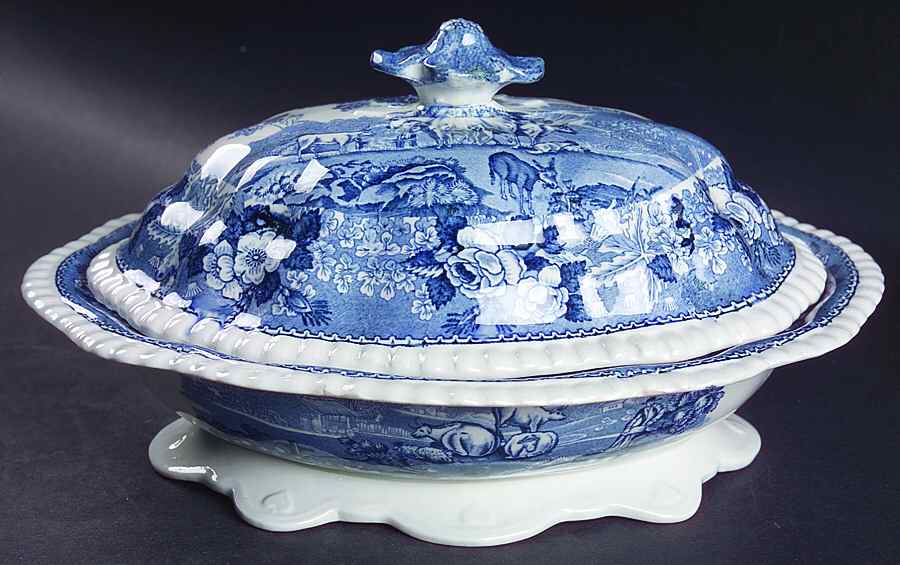 Cattle Scenery Blue (No Trim, Scalloped) Oval Covered Vegetable by Adams China-1