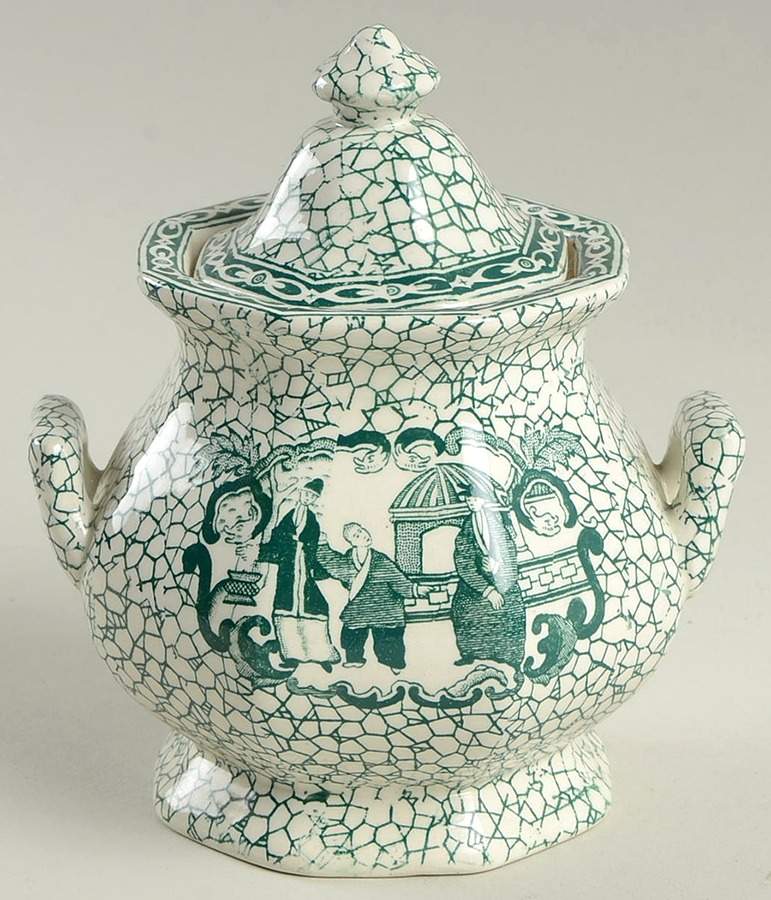 Chinese Bird Green Sugar Bowl & Lid by Adams China-1