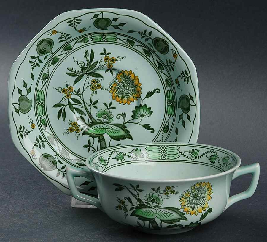 Chinese Garden Green Flat Cream Soup Bowl & Saucer Set by Adams China-1