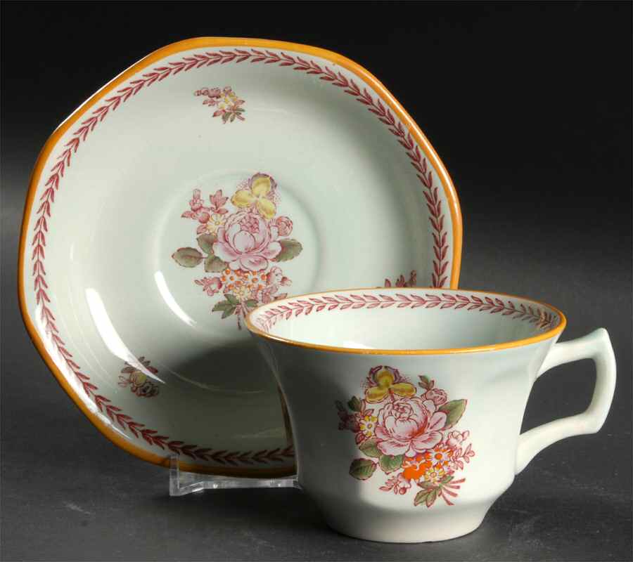 Chelsea Sprays Red (Laurel Leaf) Flat Cup & Saucer Set by Adams China-1