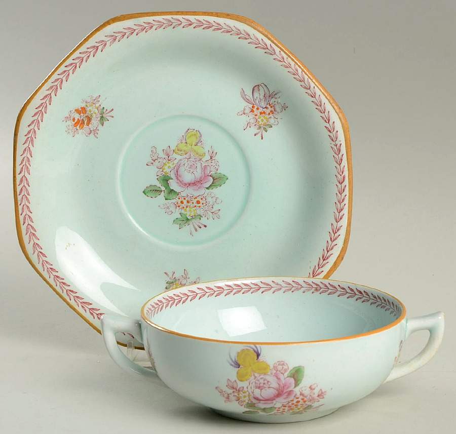 Chelsea Sprays Red (Laurel Leaf) Flat Cream Soup Bowl & Saucer Set by Adams China-1