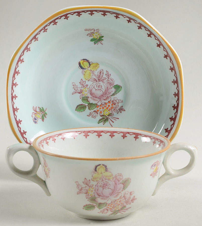 Chelsea Sprays Red (Fleur-De-Lis) Flat Bouillon Cup & Saucer by Adams China-1