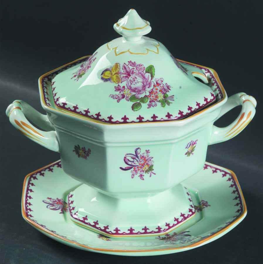 Chelsea Sprays Red (Fleur-De-Lis) Sauce Boat & Lid with Underplate by Adams China-1