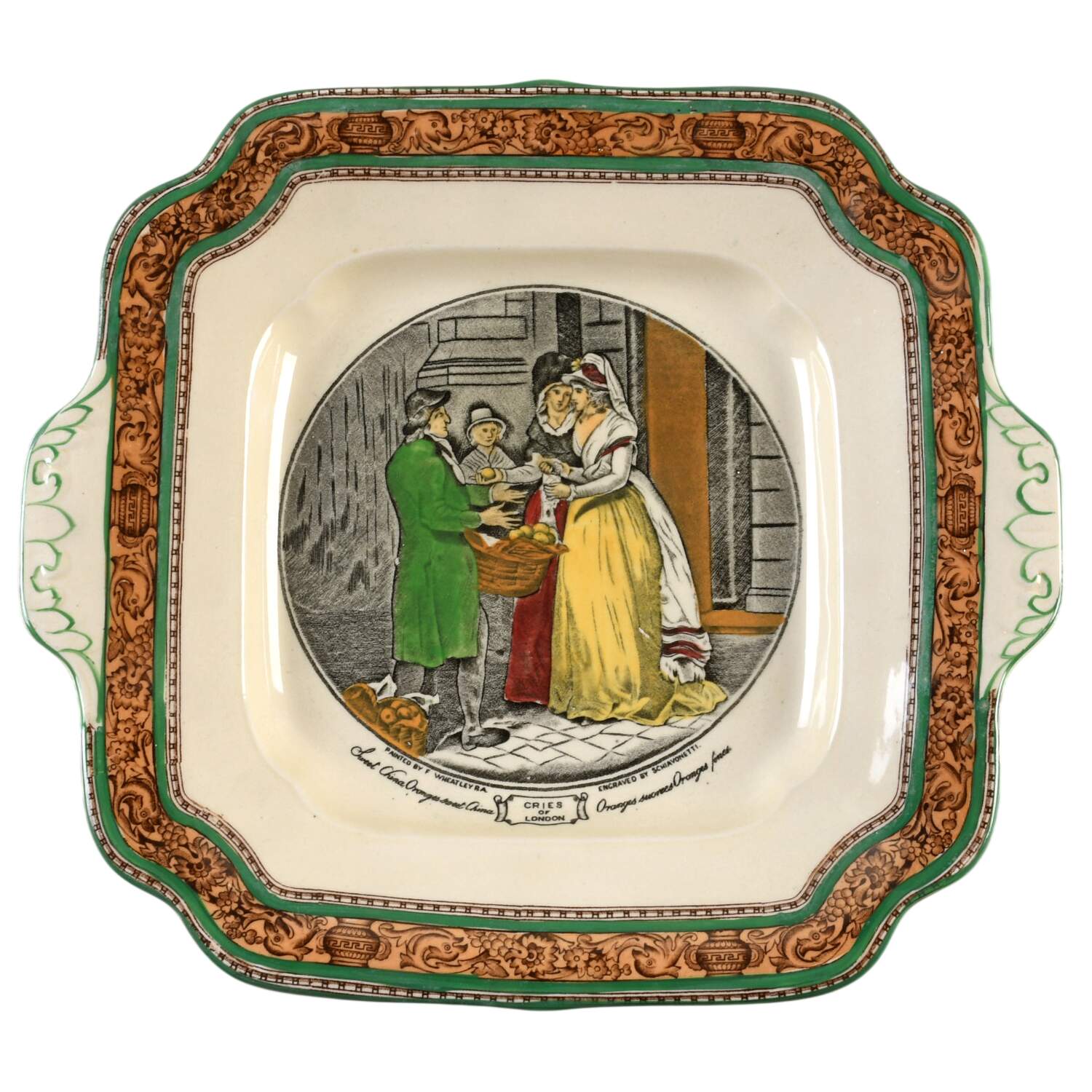 Cries of London (Green & Brown rim) Square Handled Cake Plate by Adams China-1