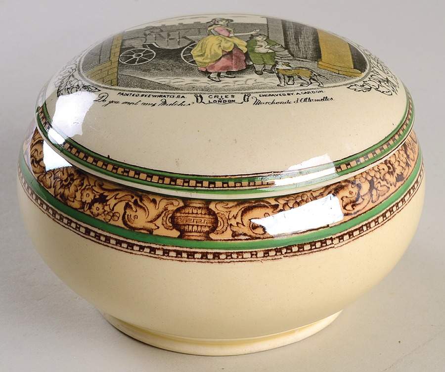 Cries of London (Green & Brown rim) 5" Round Box & Lid by Adams China-1