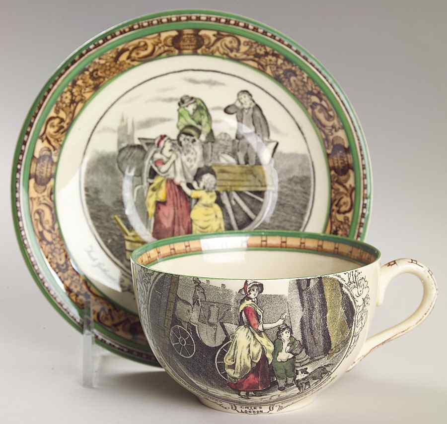 Cries of London (Green & Brown rim) Flat Cup & Saucer Set by Adams China-1
