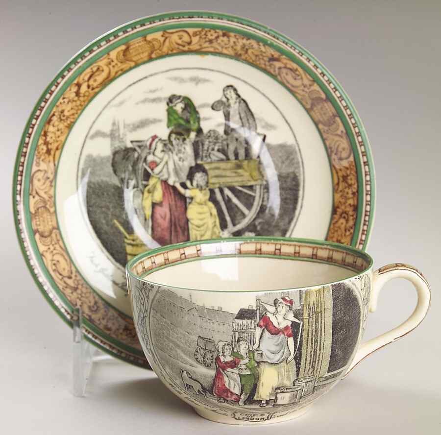 Cries of London (Green & Brown rim) Flat Cup & Saucer Set by Adams China-1