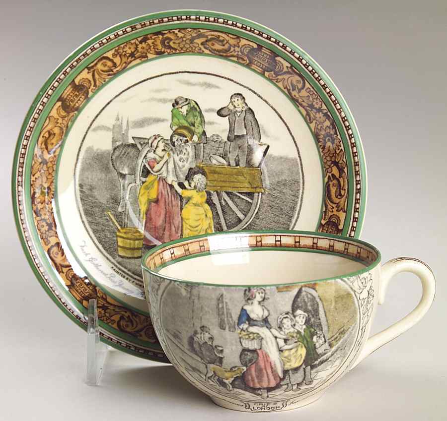 Cries of London (Green & Brown rim) Flat Cup & Saucer Set by Adams China-1