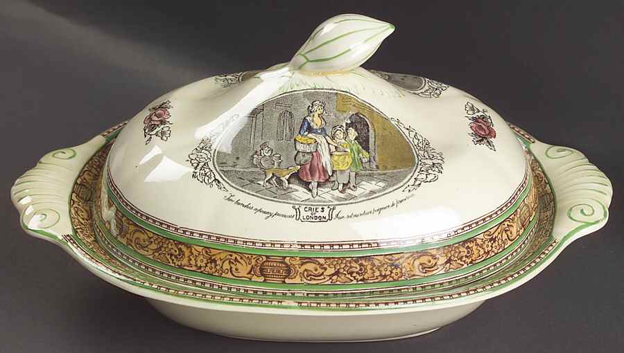 Cries of London (Green & Brown rim) Oval Covered Vegetable by Adams China-1