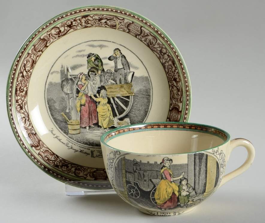 Cries of London (Green & Brown rim) Flat Cup & Saucer Set by Adams China-1