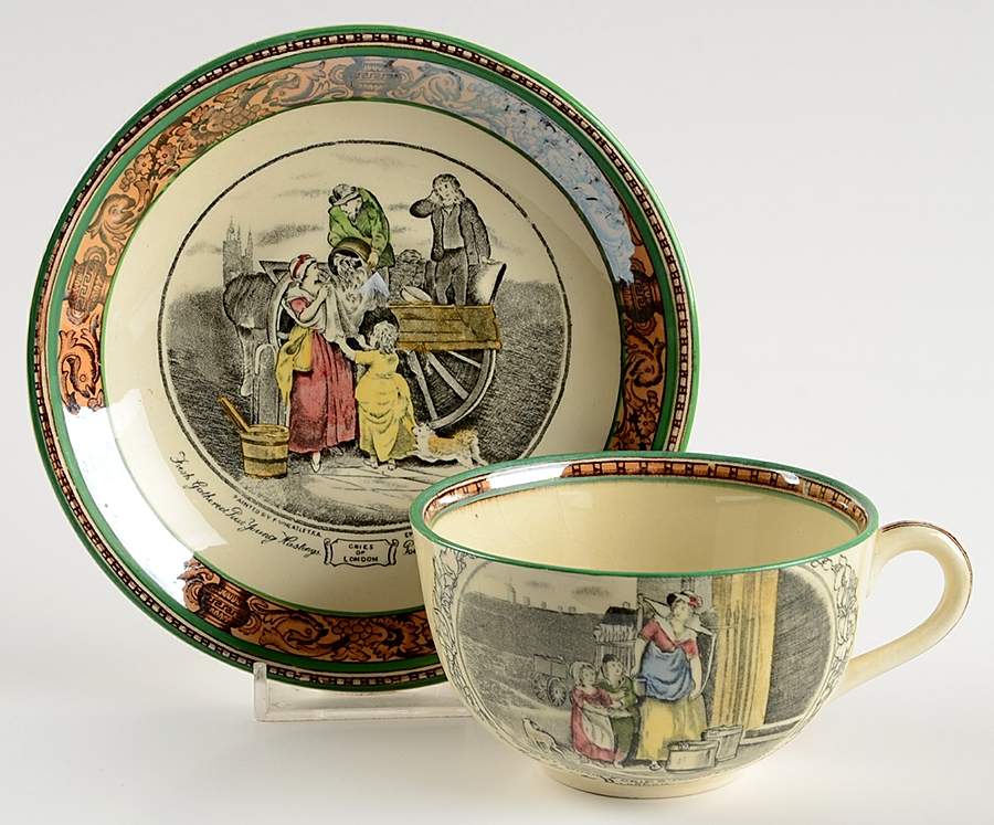 Cries of London (Green & Brown rim) Flat Cup & Saucer Set by Adams China-1