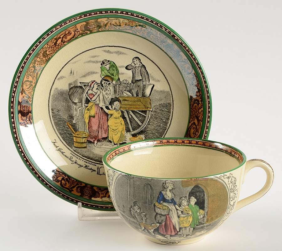 Cries of London (Green & Brown rim) Flat Cup & Saucer Set by Adams China-1
