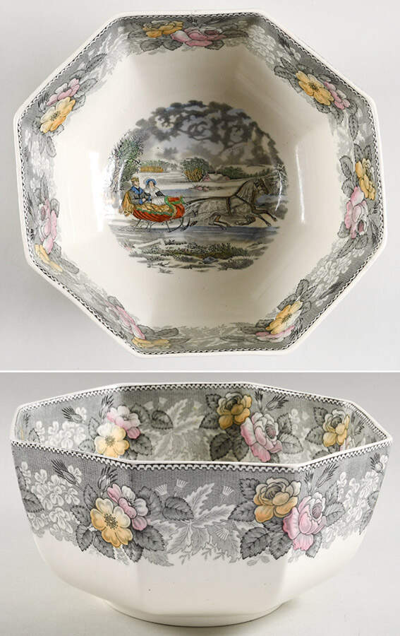Currier & Ives Gray, Multicolor 9" Octagonal Vegetable Bowl by Adams China-1