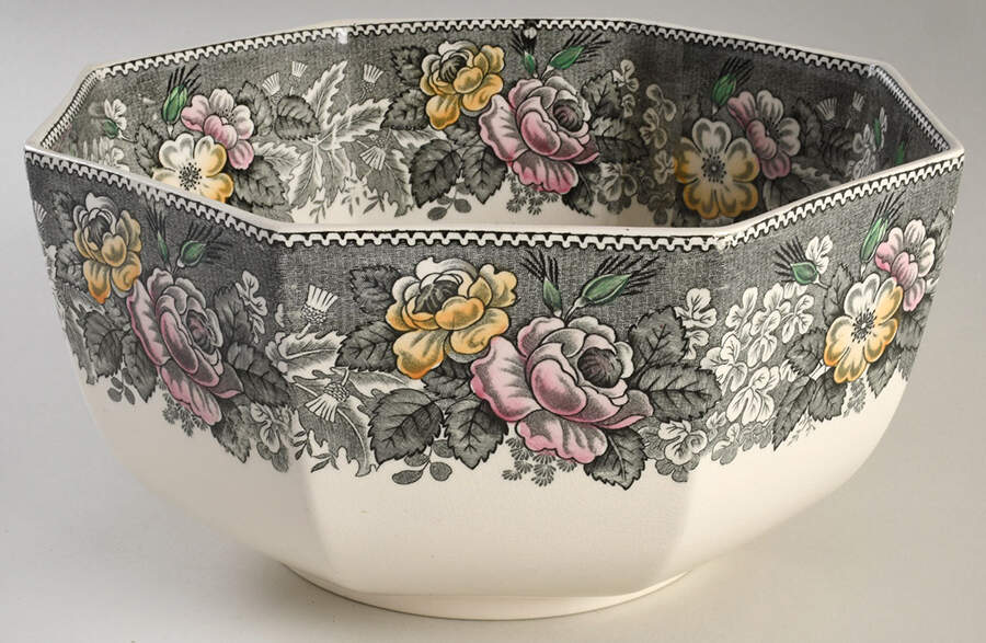Currier & Ives Gray, Multicolor 9" Octagonal Vegetable Bowl by Adams China-1