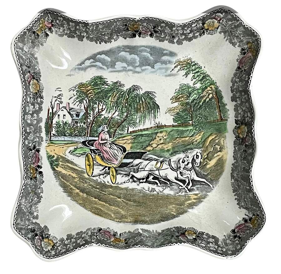 Currier & Ives Gray, Multicolor 8" Square Shallow Bowl by Adams China-1