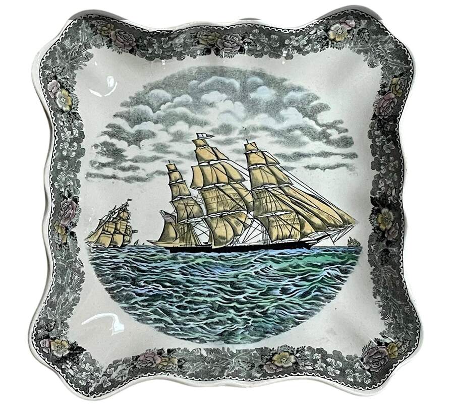 Currier & Ives Gray, Multicolor 8" Square Shallow Bowl by Adams China-1