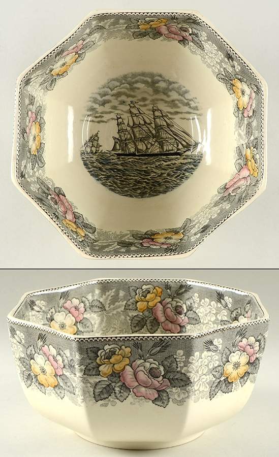 Currier & Ives Gray, Multicolor 9" Octagonal Vegetable Bowl by Adams China-1