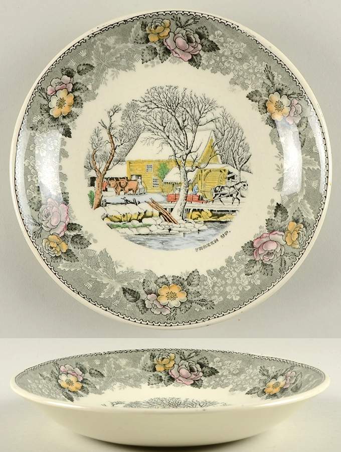 Currier & Ives Gray, Multicolor Coupe Soup Bowl by Adams China-1