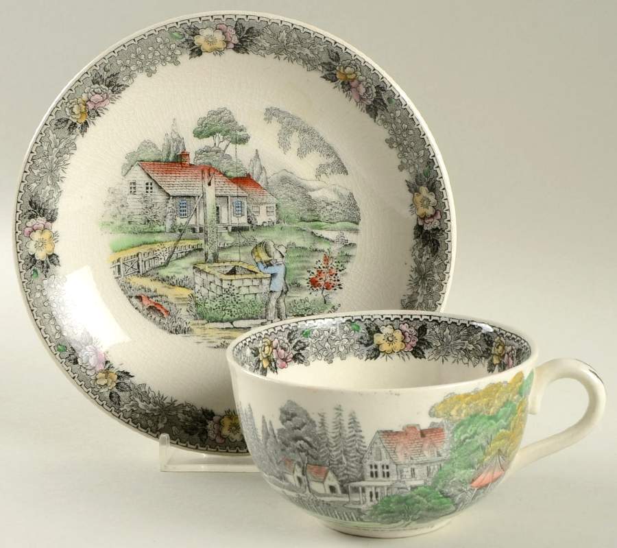 Currier & Ives Gray, Multicolor Flat Cup & Saucer Set by Adams China-1