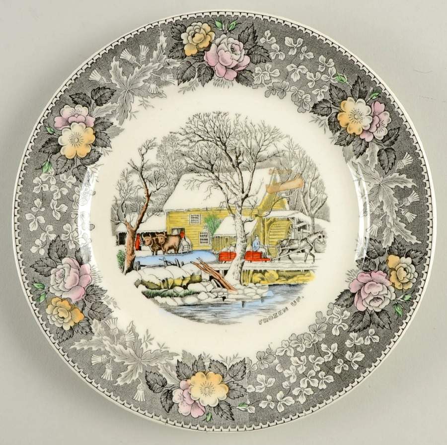 Currier & Ives Gray, Multicolor Salad Plate by Adams China-1