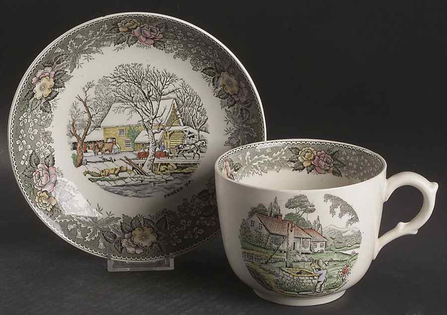 Currier & Ives Gray, Multicolor Jumbo Cup & Saucer Set by Adams China-1