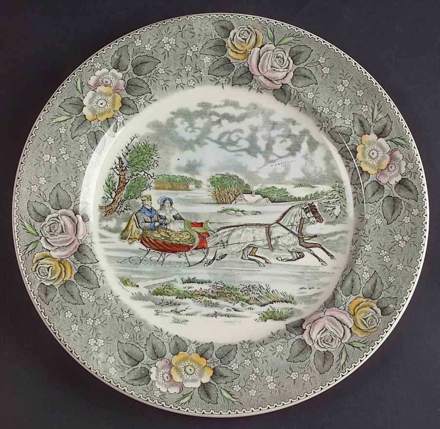 Currier & Ives Gray, Multicolor Dinner Plate by Adams China-1