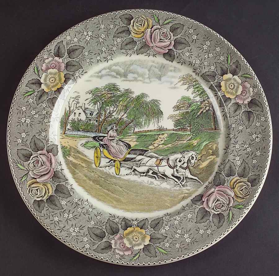 Currier & Ives Gray, Multicolor Dinner Plate by Adams China-1