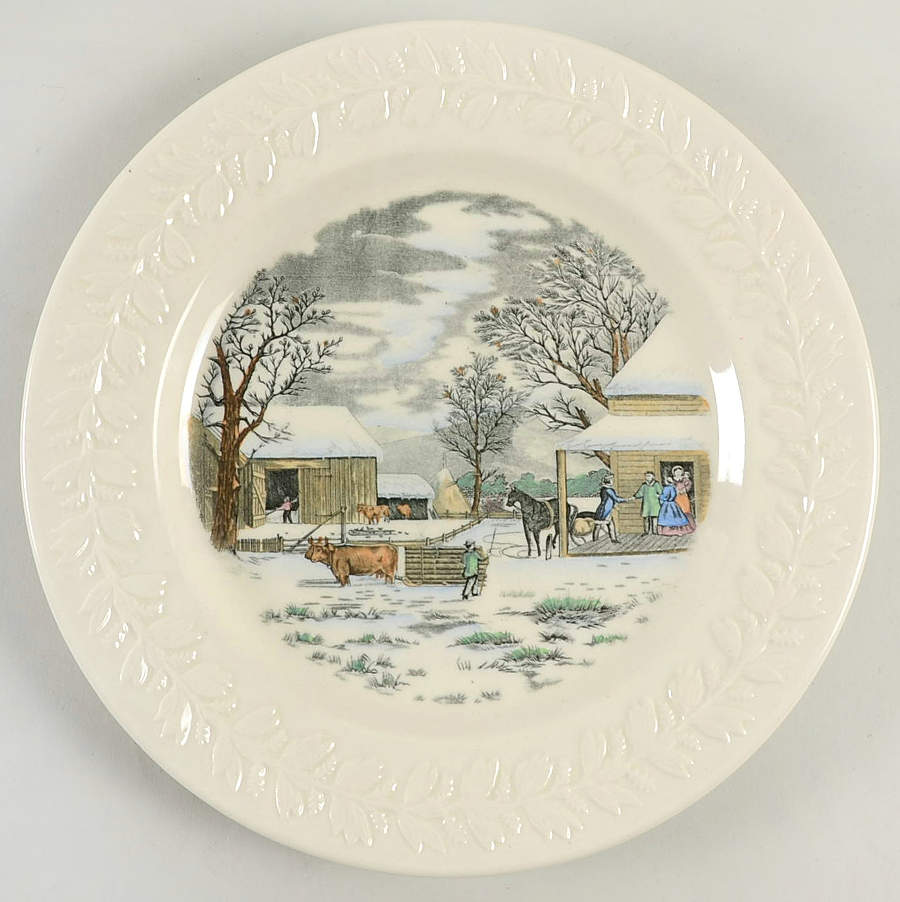 Currier & Ives (Raised Border, Cream Body) Dinner Plate by Adams China-1
