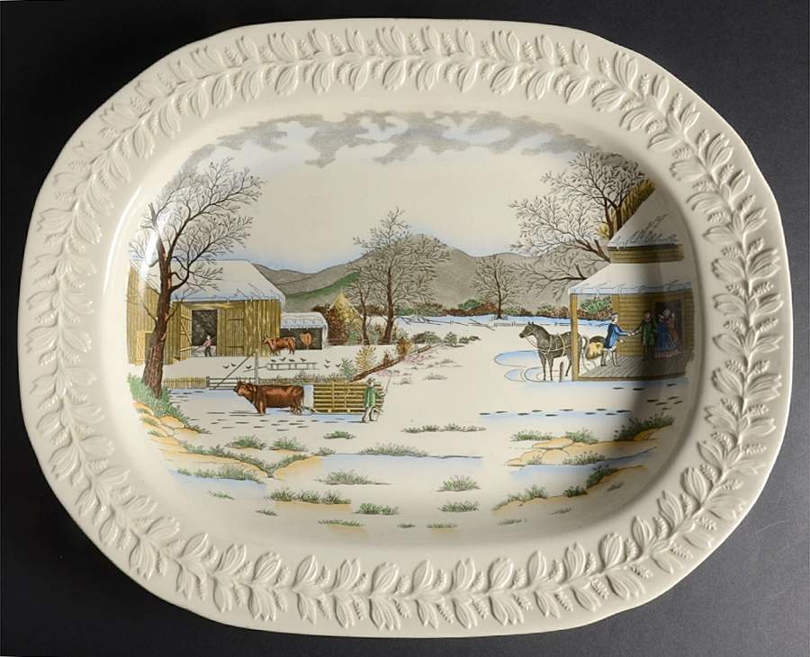Currier & Ives (Raised Border, Cream Body) 19" Oval Serving Platter by Adams China-1