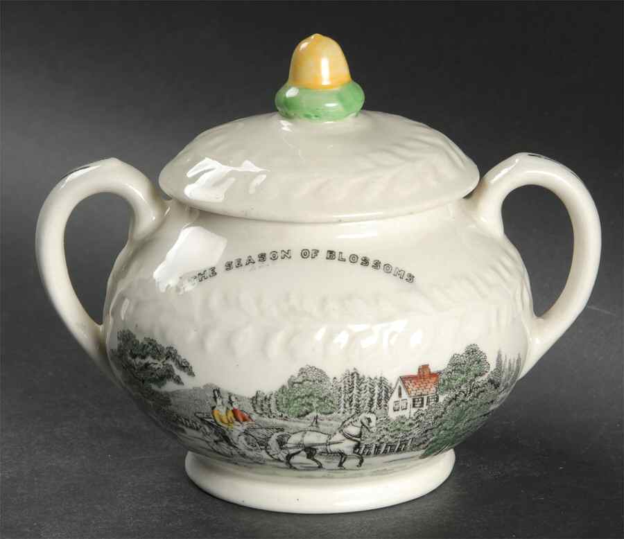 Currier & Ives (Raised Border, Cream Body) Sugar Bowl & Lid by Adams China-1
