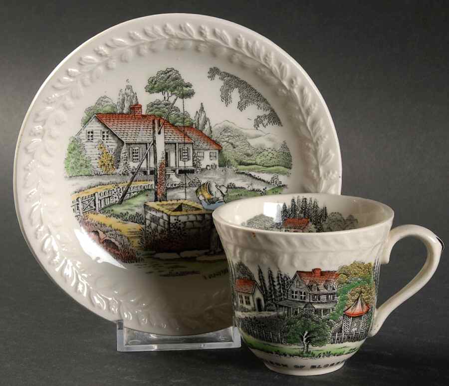 Currier & Ives (Raised Border, Cream Body) Flat Demitasse Cup & Saucer Set by Adams China-1