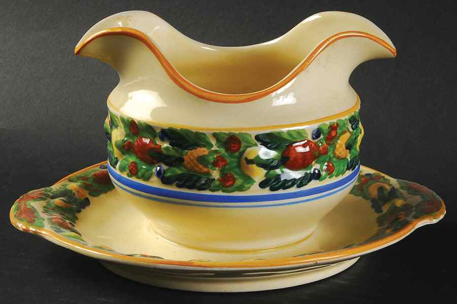 Della Robia Multicolor on Cream Gravy Boat with Attached Underplate by Adams China-1