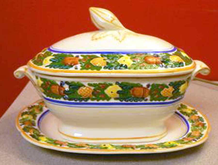Della Robia Multicolor on Cream Sauce Boat & Lid with Underplate by Adams China-1