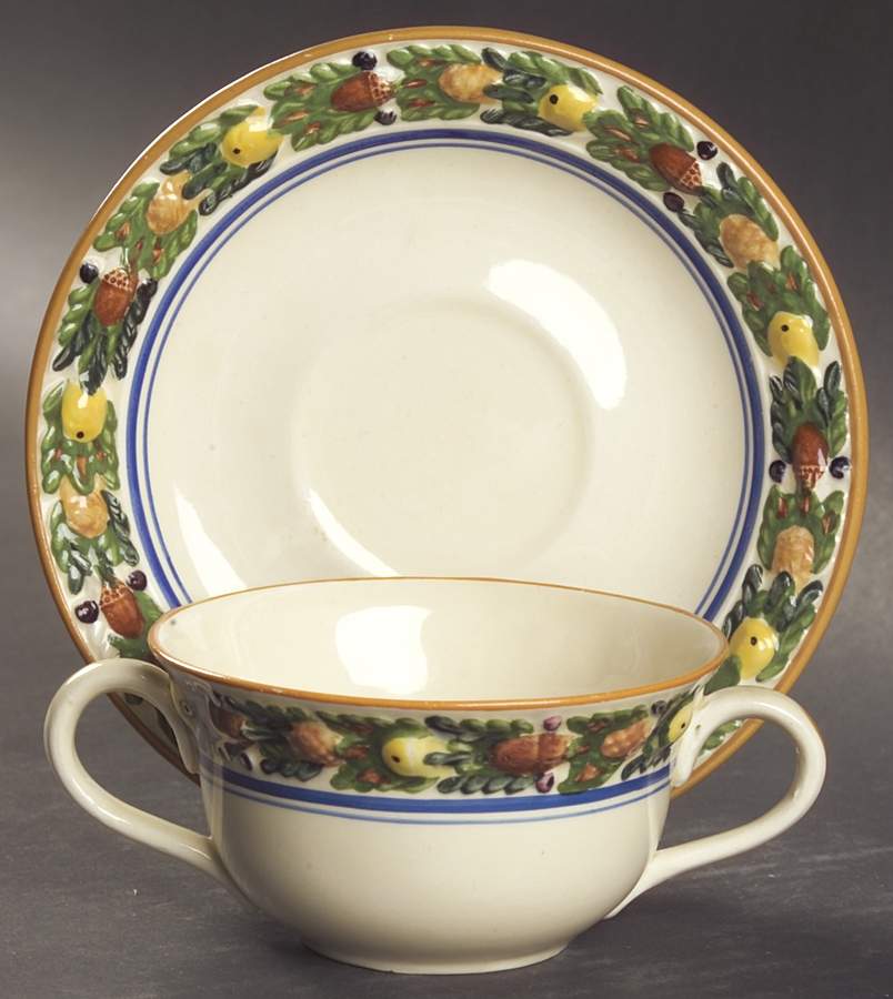 Della Robia Multicolor on Cream Flat Bouillon Cup & Saucer by Adams China-1