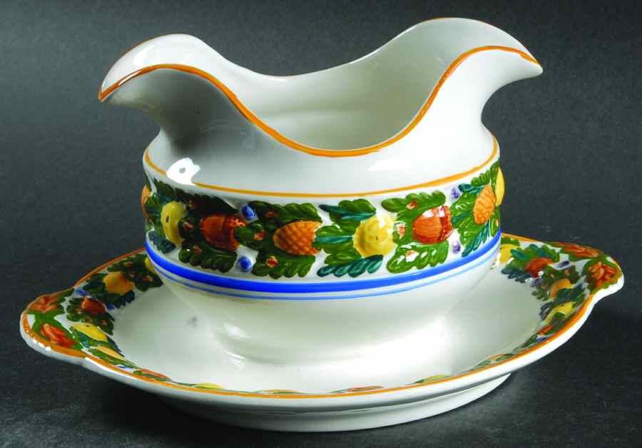 Della Robia Multicolor on White Gravy Boat with Attached Underplate by Adams China-1
