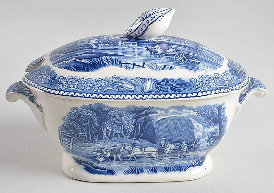 English Countryside Blue Sauce Boat & Lid by Adams China-1