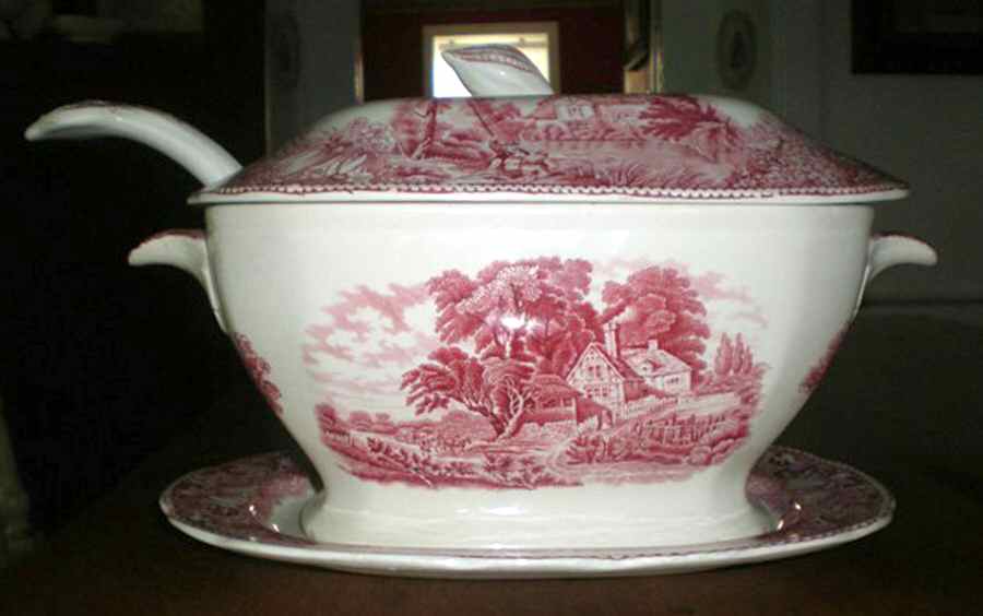 English Countryside Pink Tureen & Lid w/Ladle & Underplate by Adams China-1