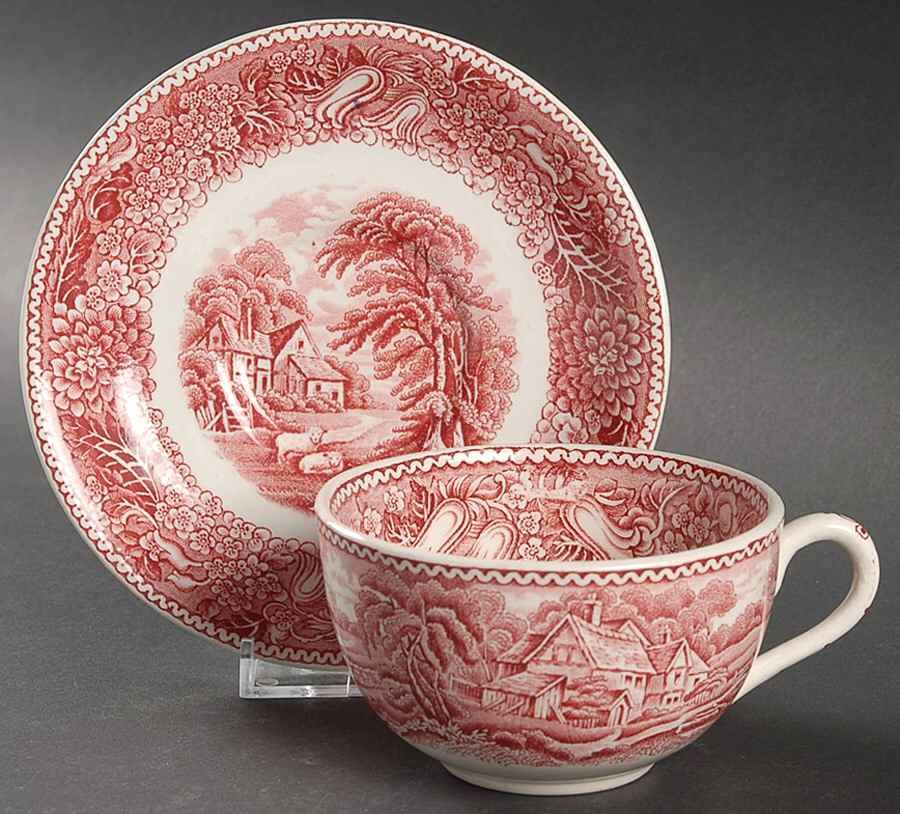 English Countryside Pink Flat Cup & Saucer Set by Adams China-1