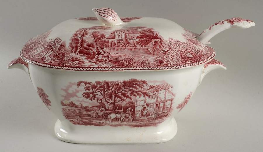 English Countryside Pink Tureen & Lid w/Ladle by Adams China-1